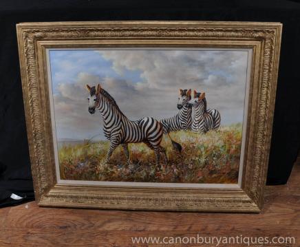Victorian Oil Painting Zebra Zebras African Landscape Gilt Frame
