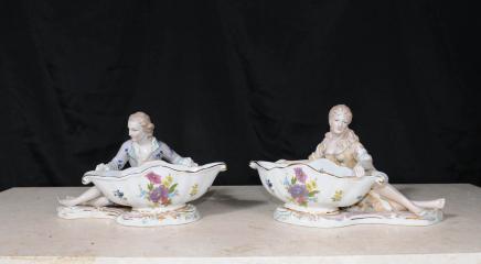 Pair Dresden Porcelain Figurine Dishes Bowls German Pottery 
