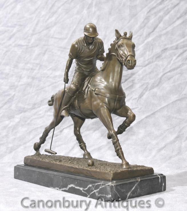Bronze Polo Player Statue Horse Jockey Figurine Casting