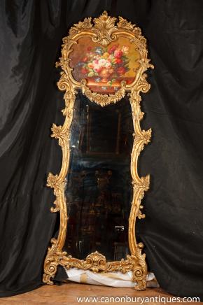Victorian Rococo Pier Mirror Painted Floral Panel Gilt Frame