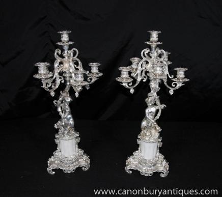 Pair French Empire Candelabras Cherub Silver Plate Candles Silverplate 