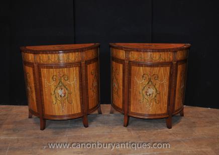 Pair Painted Satinwood Regency Demi Lune Cabinets Chests Commodes 