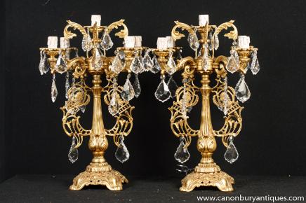 Pair French Ormolu Empire Table Lamps Lights Cut Glass 