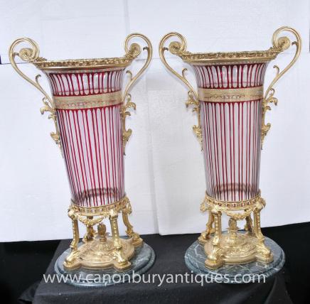 Pair Large French Empire Crystal Cut Glass Rococo Vases Planters Urns