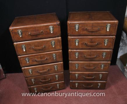 Pair Leather English Campaign Chest Drawers Colonial Tall Boys Luggage