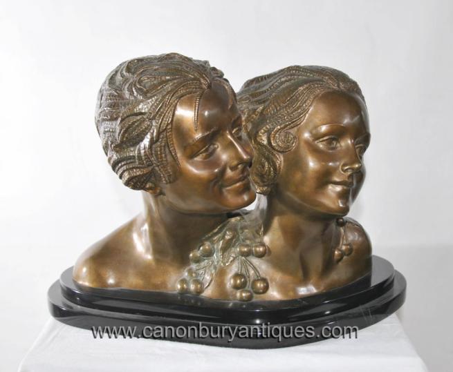 Pair Art Deco Bronze Chiparus Female Busts Head Statue