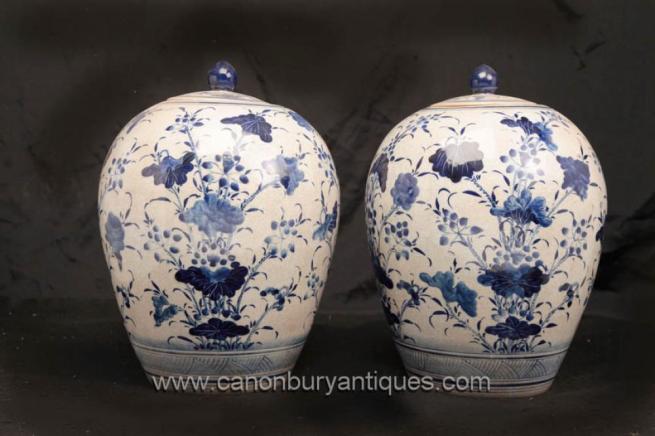 Pair Chinese Blue and White Ming Porcelain Lidded Urns Vases