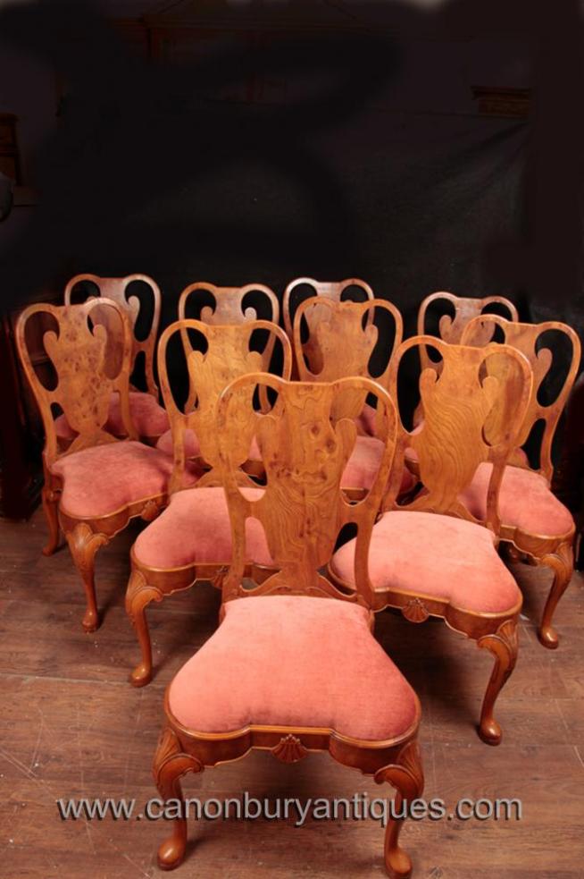 Set 10 Queen Anne Dining Chairs Walnut Diners