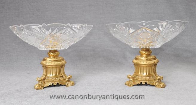 Pair French Louis XVI Cut Glass Ormolu Comports Dish Glass Tureens