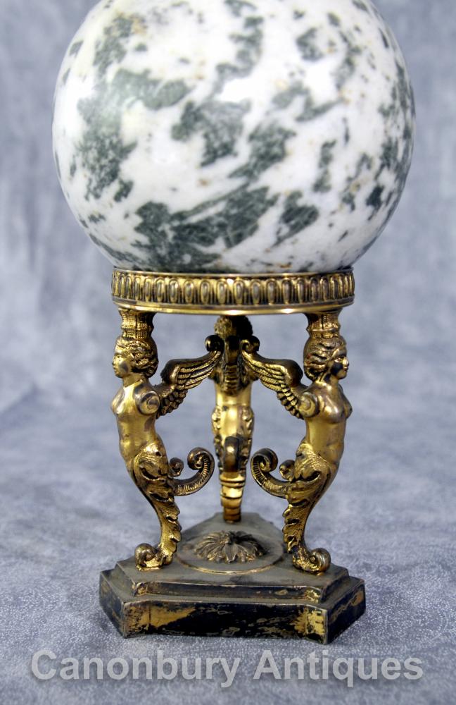 Antique French Empire Ormolu Spinx Marble Ball Decoration