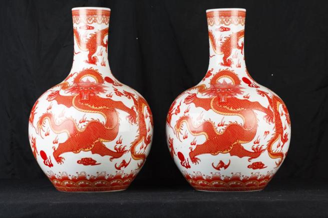 Pair Ming Porcelain Dragon Vases Urns Imperial Red