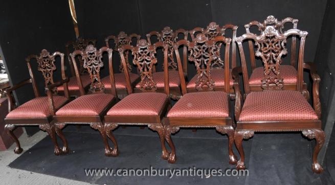 Set 10 Mahogany Chippendale Dining Chairs Ball and Claw Feet