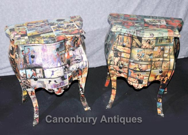 Pair Art Deco Comic Print Chests Drawers Bedside Table Nightstands