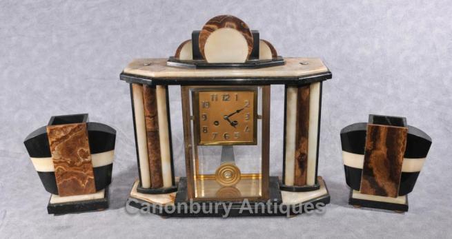 French Antique Art Deco Clock Set Garniture Marble Mantle 1920s Clocks