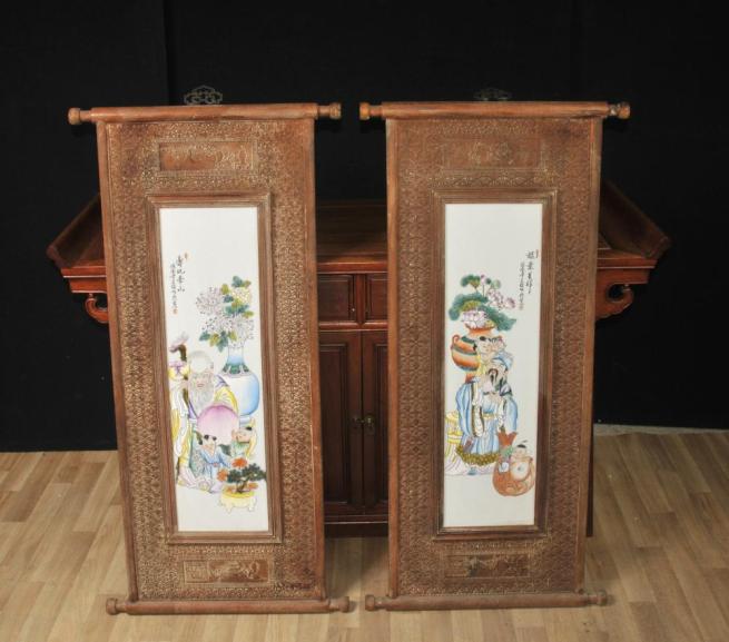 Chinese Painted Porcelain Screens Famille Rose Plaques Wood