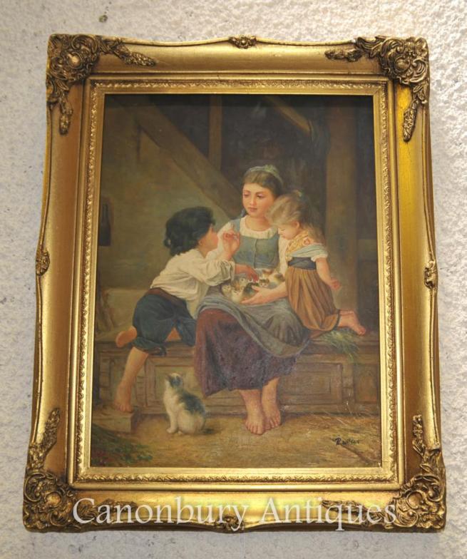 Victorian Oil Painting Potrait Mother Child Kittens Signed