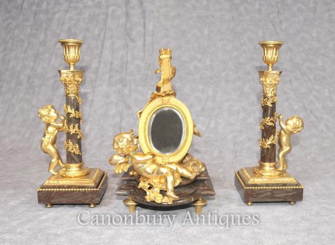 French Empire Ormolu Cherub Candlestick Mirror Set Signed Moreau