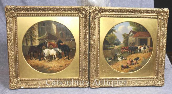 Pair Antique Oil Paintings Rustic Farm Scene After J Herring