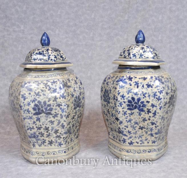 Pair Chinese Nanking Porcelain Ginger Temple Urns Jars Vases