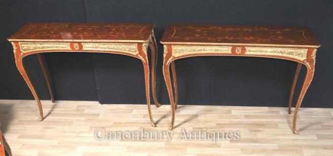 Pair French Console Tables Louis XVI Inlay Ormolu