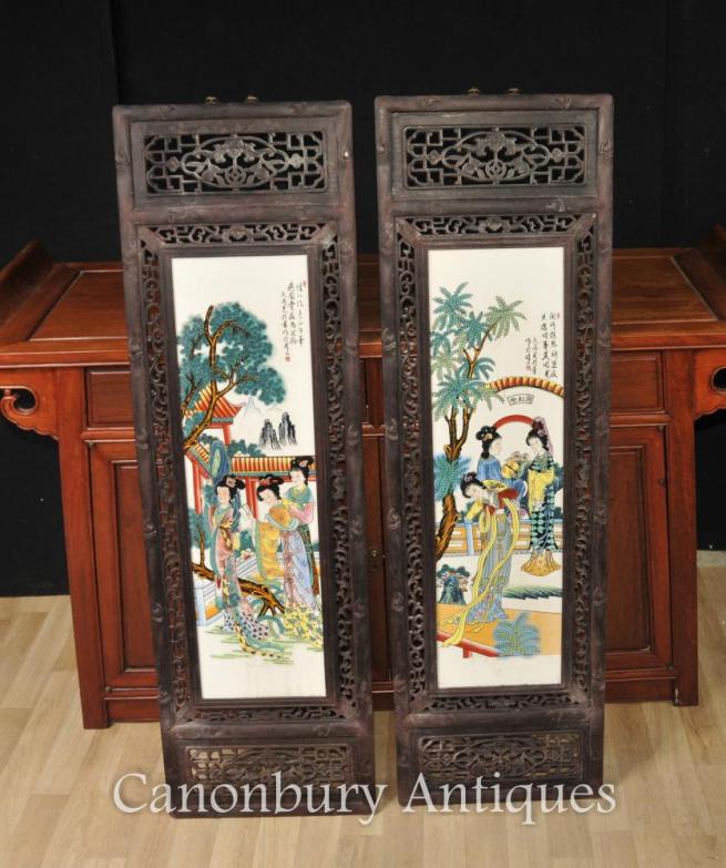 Pair Hand Painted Chinese Famile Rose Porcelain Plaques Kimono Lady Architectural