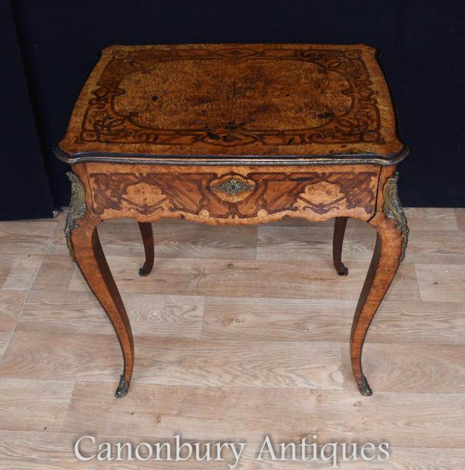 Antique French Side Table Exotic Wood Inlay 1880