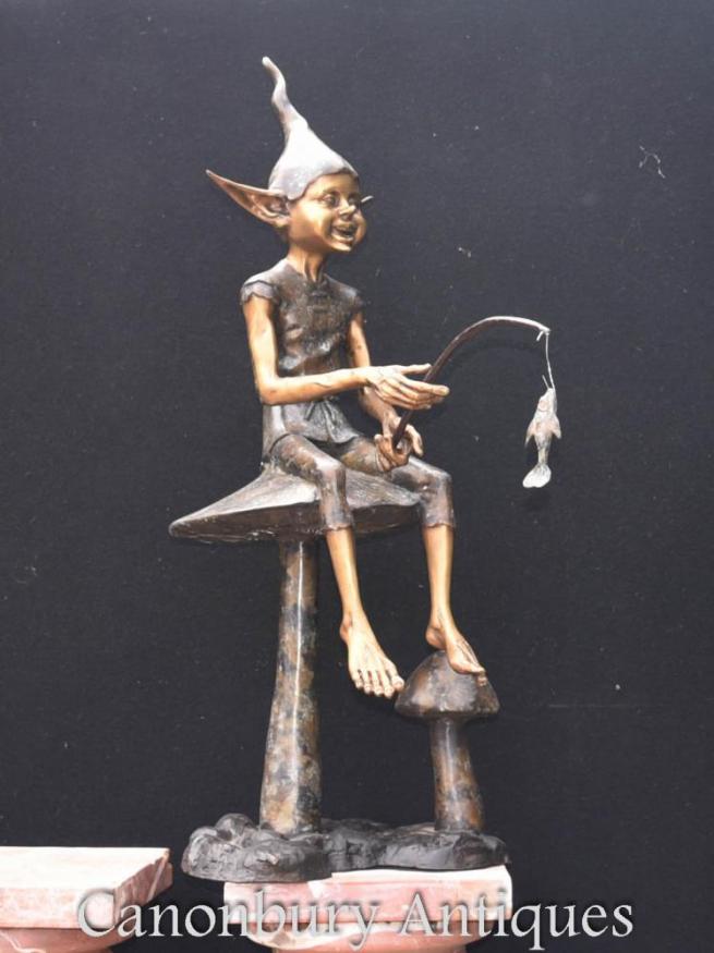 Bronze Fishing Pixie Statue Fairey Elph Pixy