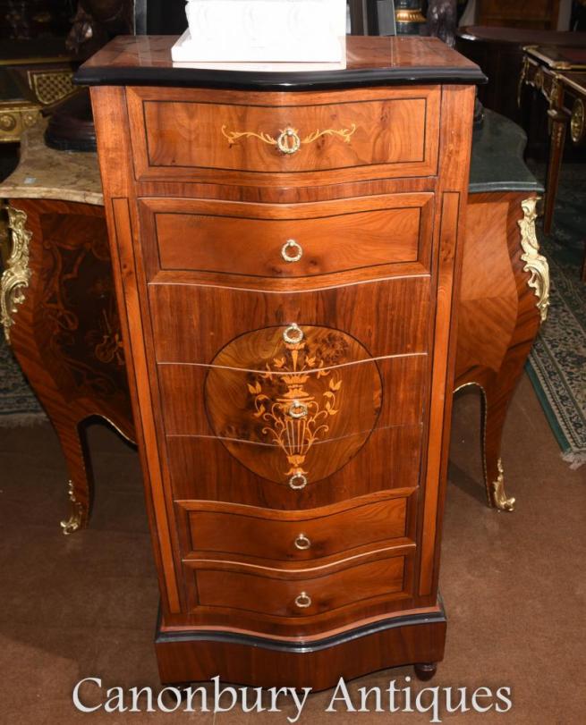 French Empire Tall Boy Commode Chest Marquetry Inlay