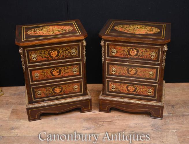 Pair French Boulle Inlay Bedside Chests Cabinets
