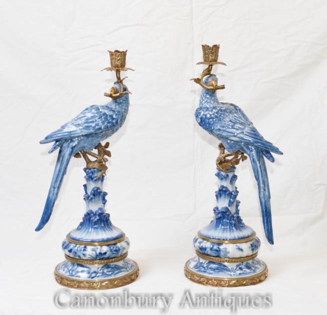 Pair French Porcelain Parrot Candlesticks Candelabras