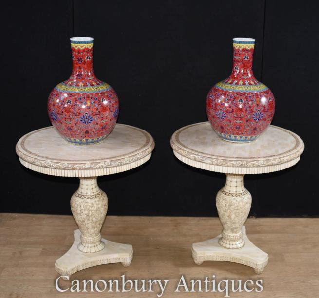 Pair Chinese Side Tables Hand Carved Bone Cocktail Table