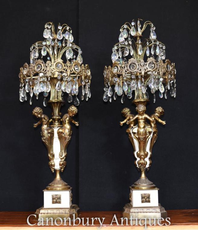 Pair French Empire Gilt Cherub Table Lamps Candelabras