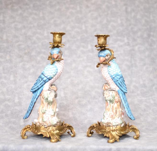 Pair French Porcelain Blue Parrot Candle Sticks Candelabras Bird